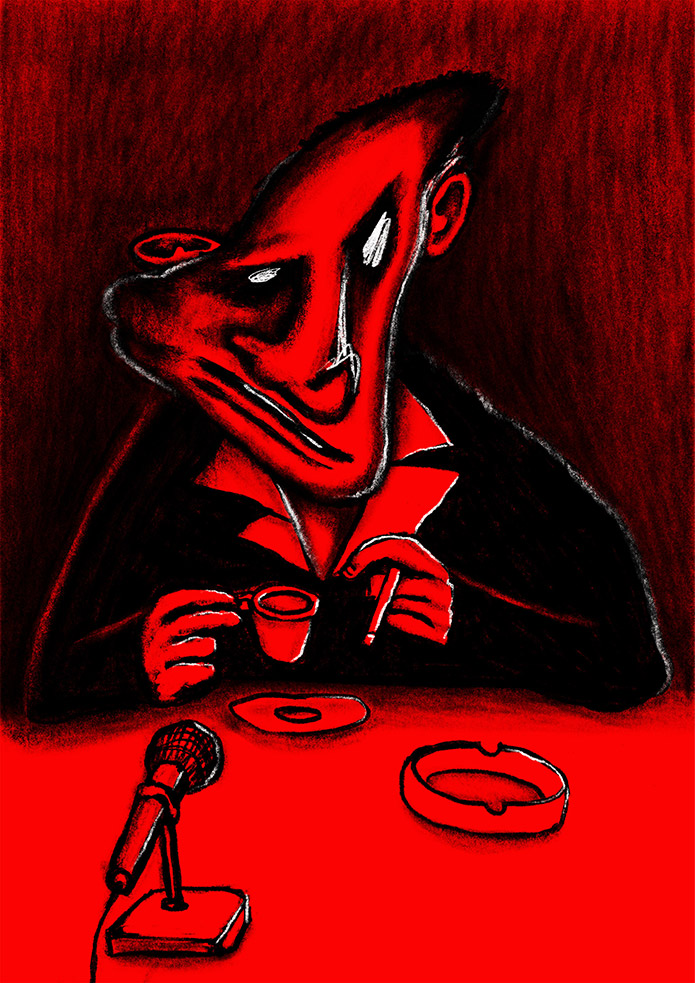 illustrazione di un uomo seduto a un tavolo