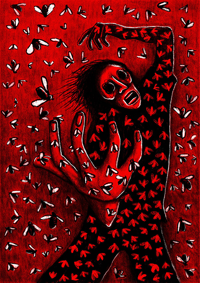 illustrazione di un uomo ricoperto da uno sciame di insetti